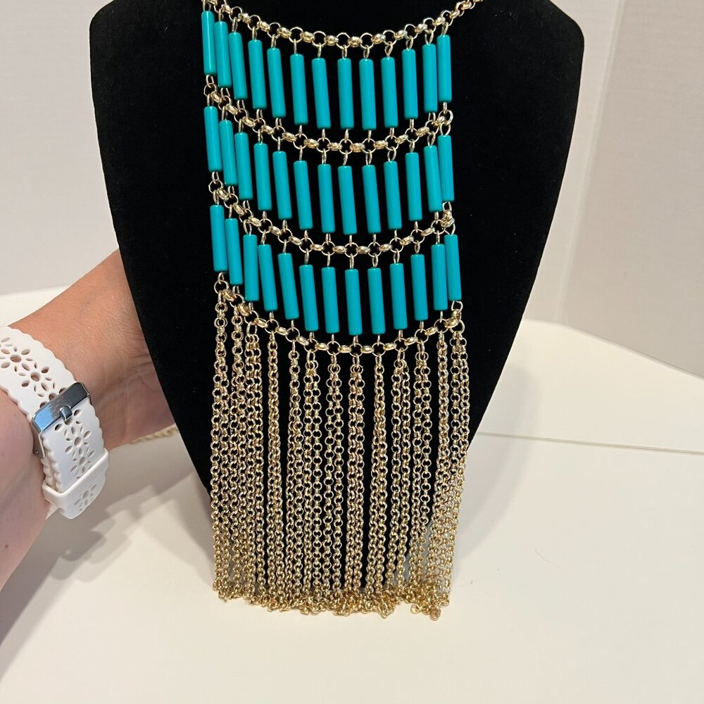Turquoise Chain Boho Fringe Statement Necklace STUNNING!‎ - Picture 3 of 4